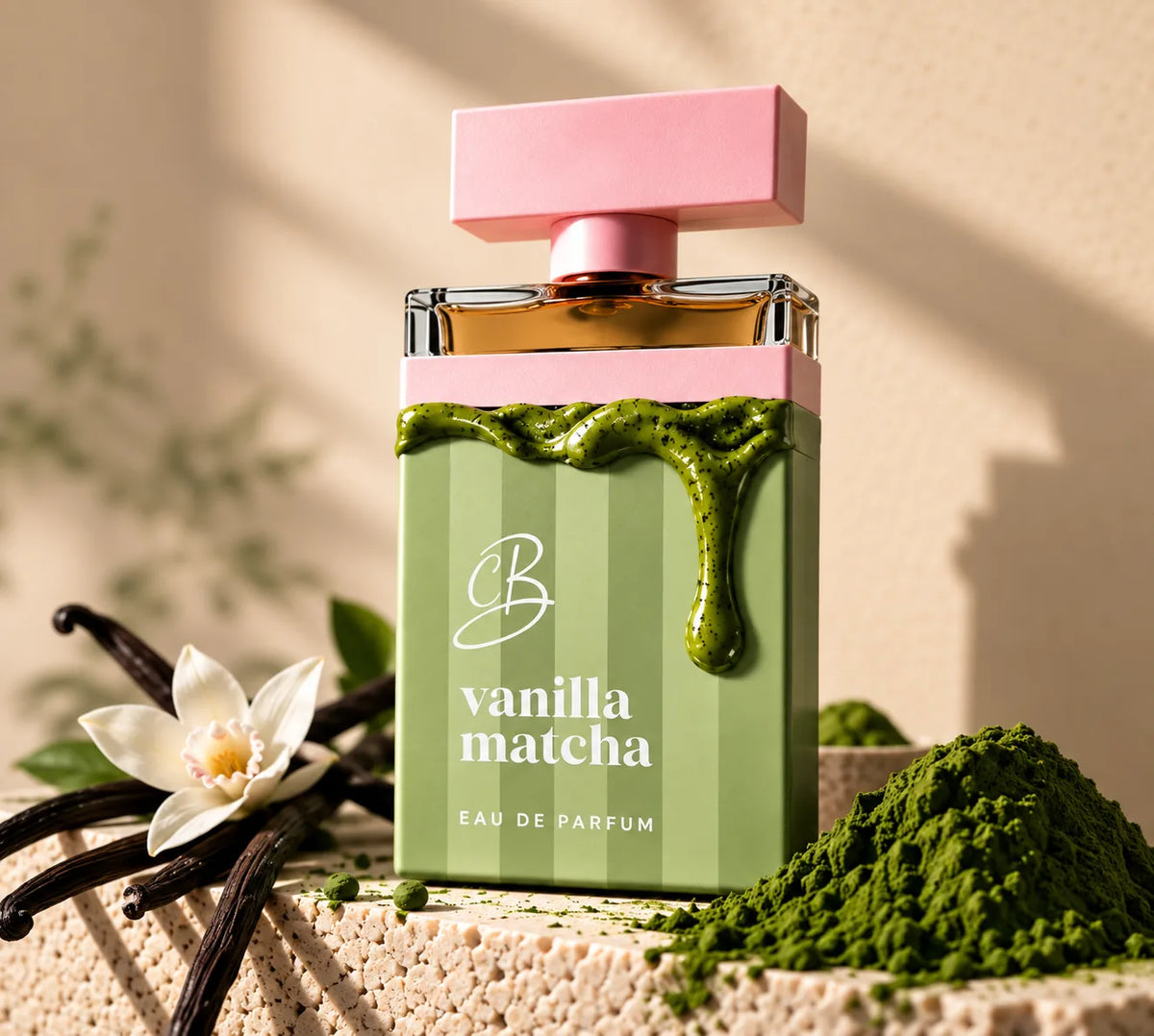 Vanilla Matcha eau de parfum bottle with matcha powder and vanilla